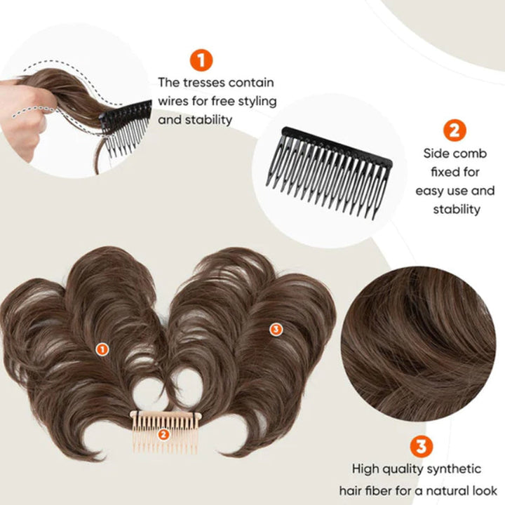 Comfortable messy clip-in bun for women, offering an easy, stylish synthetic hair updo.