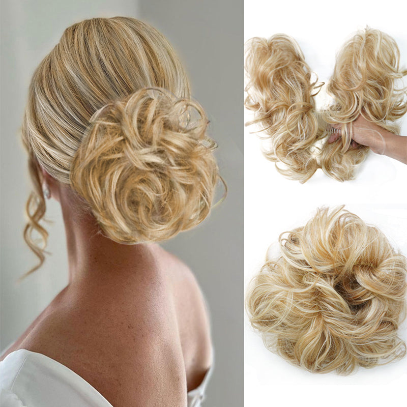 Textured messy clip-in bun, a women's hair extension creating a perfectly imperfect easy updo.