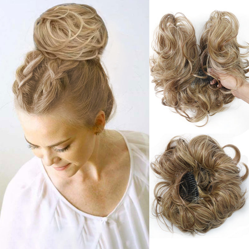 Elina women's messy clip-in bun, easy synthetic hair extension with side clip for quick updos.