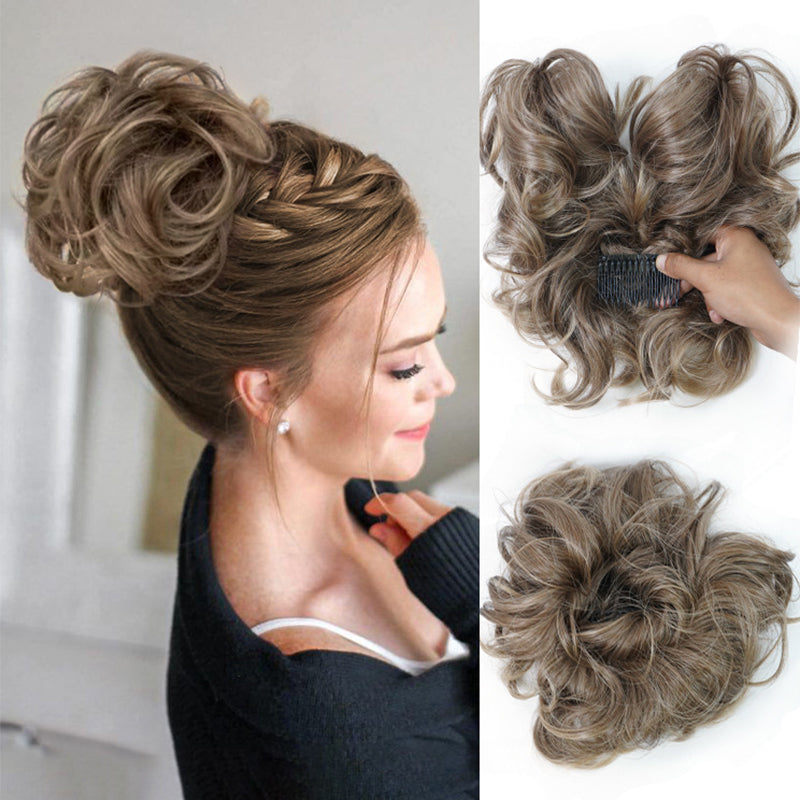 Modern messy clip-in bun for women, a stylish synthetic hair extension for quick & easy updos.