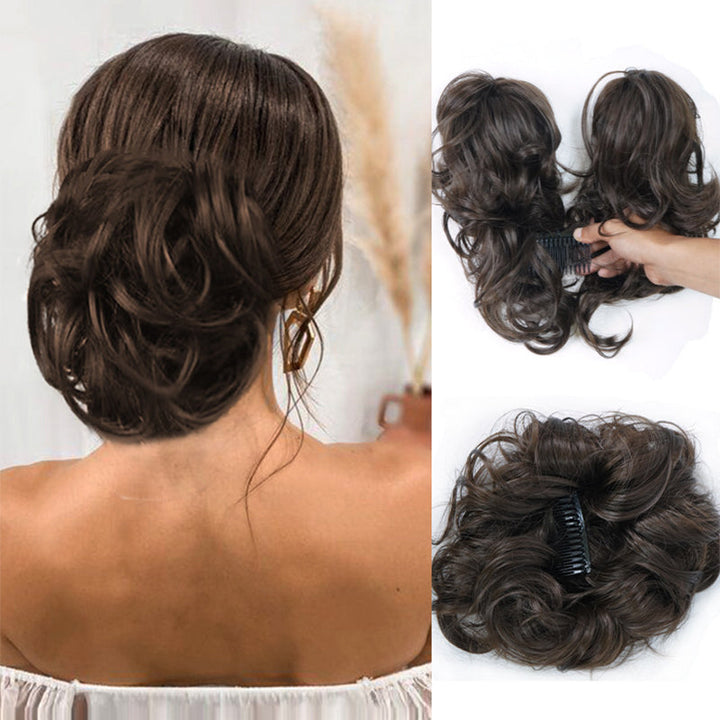 Stylish messy clip-in bun hair accessory for women, creates a full, natural-looking updo.