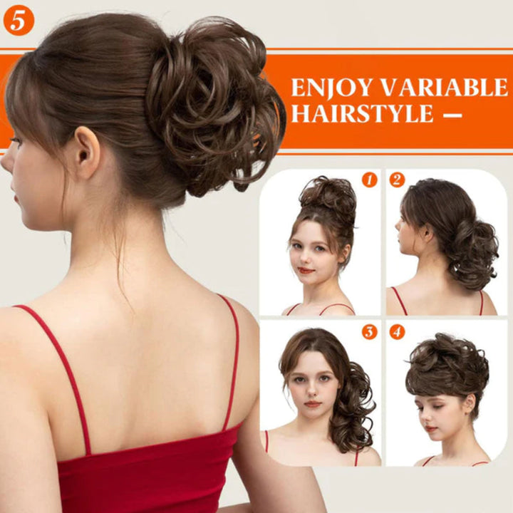 Synthetic messy clip-in bun extension, offers women a voluminous, easy updo.