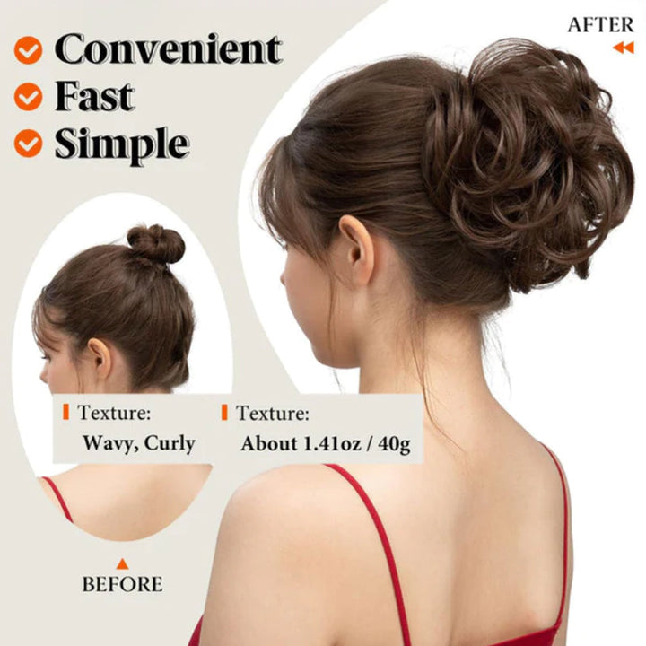 Women's messy clip-in bun with side clip, for secure and natural-looking easy updos.