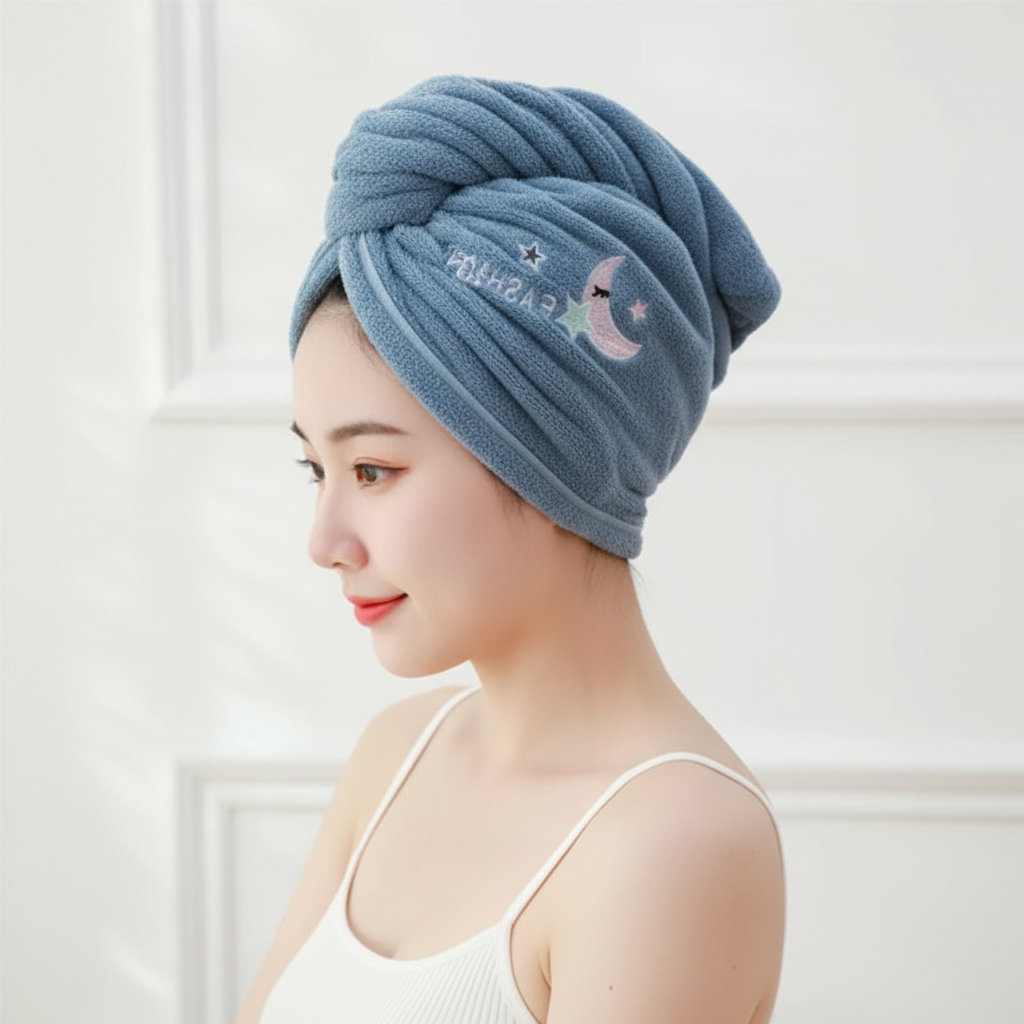 Woman with wet hair wearing a pink microfiber hair wrap, demonstrating hands-free drying