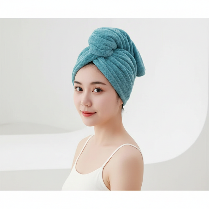 Women's hair drying turban from HairBuddy, premium microfiber for gentle hair care