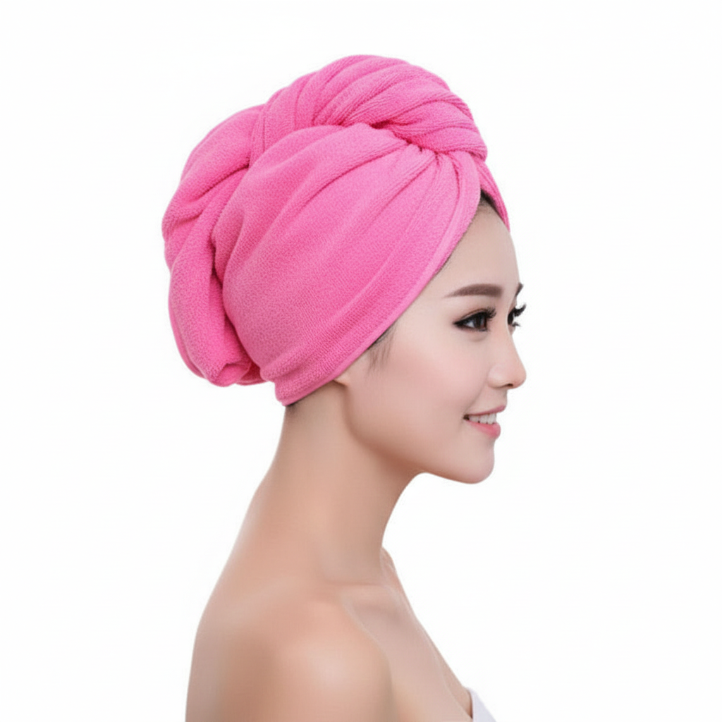 Side view of a Women's microfiber quick dry hair turban, securing wet hair after shower