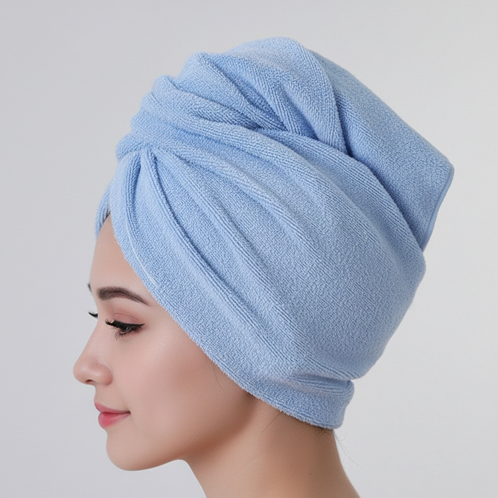 Women's super absorbent microfiber hair towel in purple, promoting faster hair drying