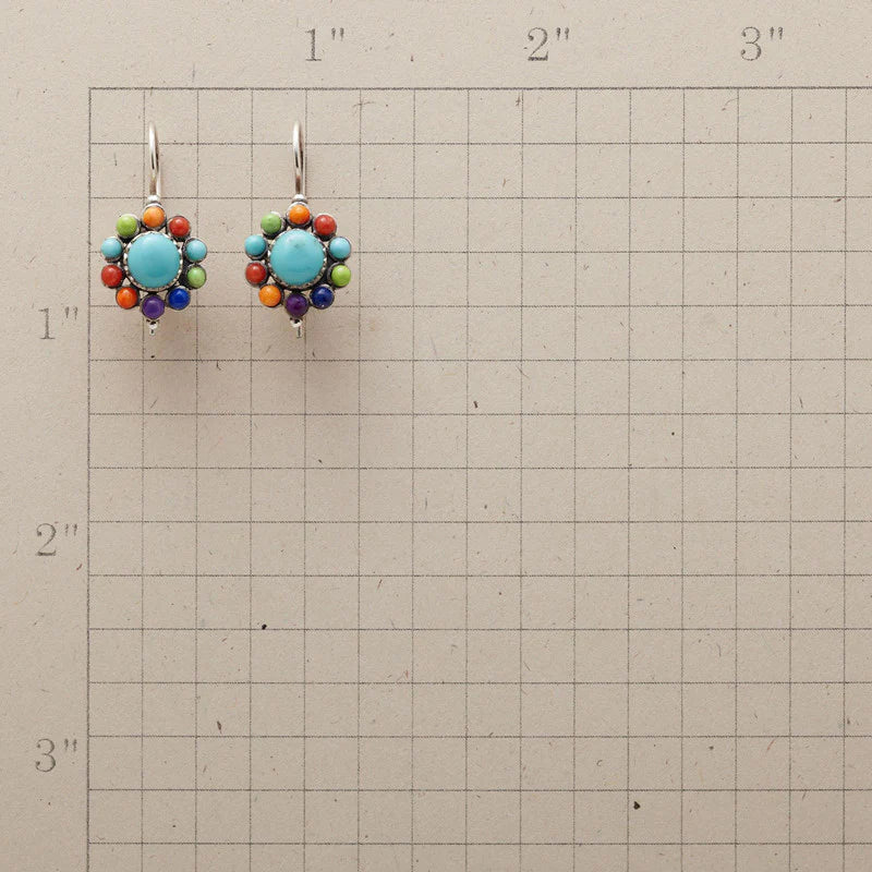 Stunning women's round turquoise gemstone earrings, multicolored and bold for a fashionable statement.