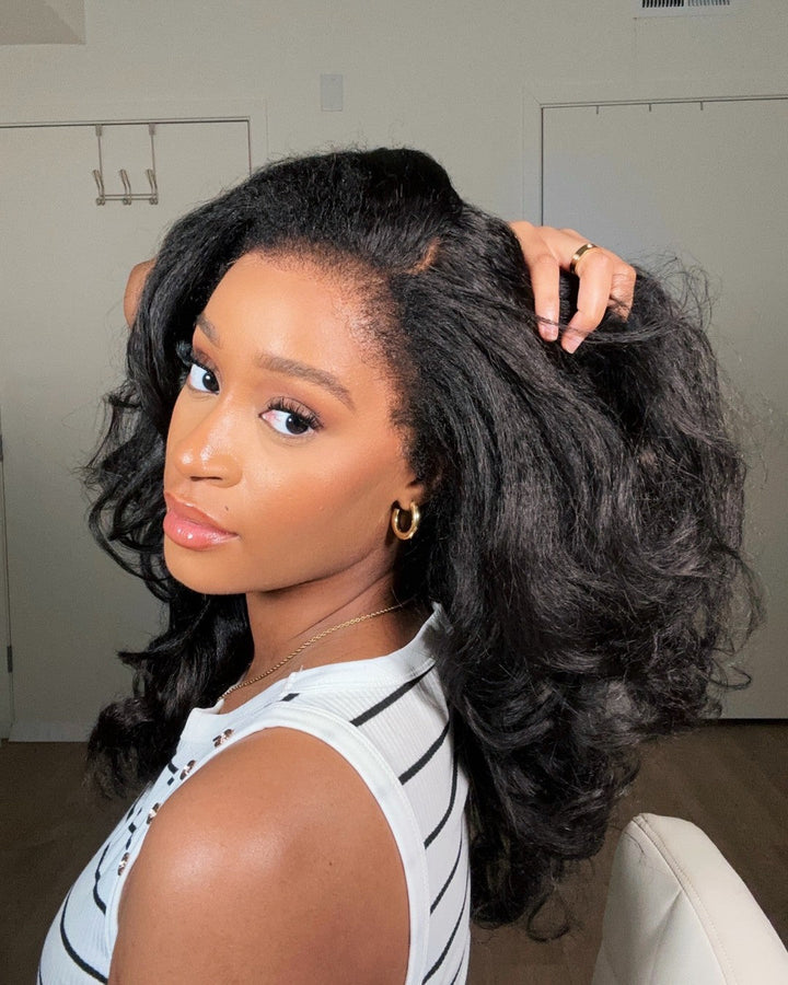 Natural black HD lace front wig. Virgin human hair with elegant body wave & curly edges, undetectable for women.