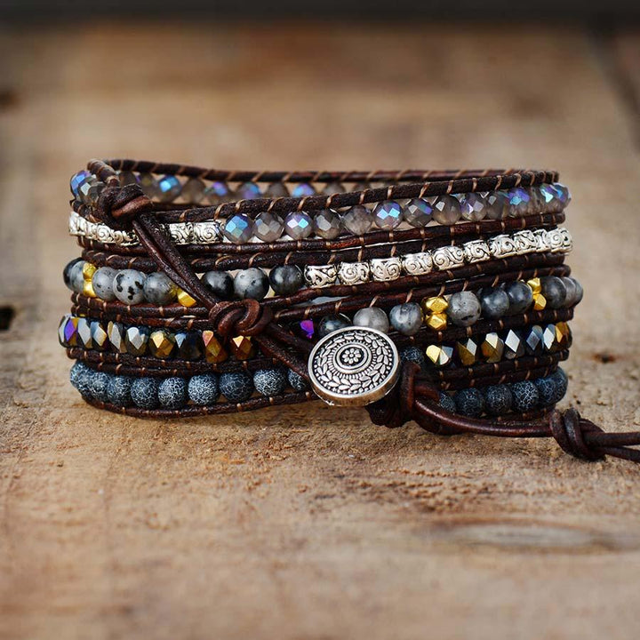 Women's spiritual onyx and quartz bracelet, an adjustable leather wrap with protective healing stones.