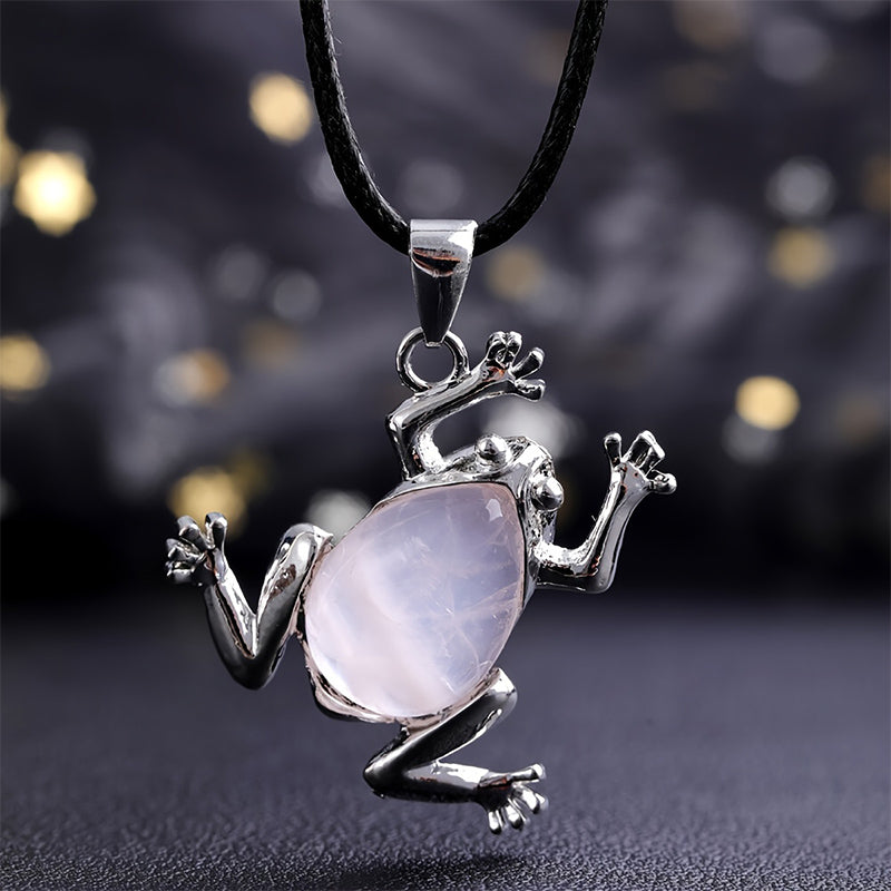 Healing natural crystal frog necklace, unique spiritual jewelry for women's mindfulness.
