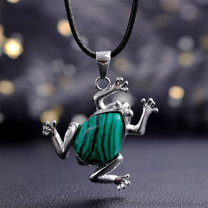 Spiritual frog meditation necklace, natural crystal gemstone jewelry for women's healing.