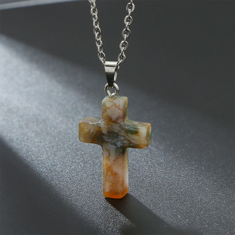 Women's spiritual natural gemstone cross necklace, a timeless fashion accessory.
