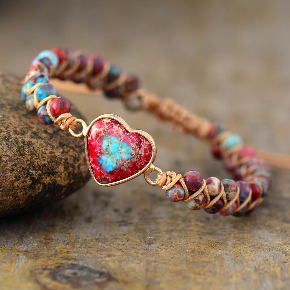 Women's Natural Jasper Stone Friendship Bracelet with polished beads, boho style