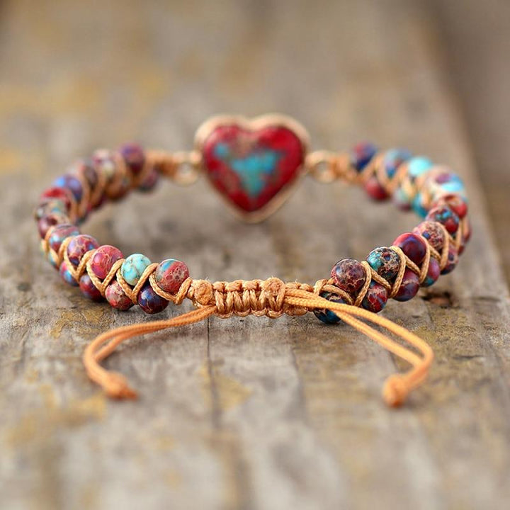 Close-up of Women's boho Jasper stone bracelet, showcasing heart design and texture