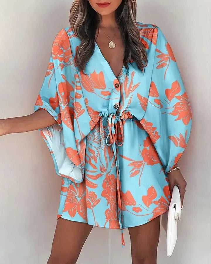 Full-length shot of a women's V-neck ruffle sleeve summer dress, ideal for casual wear