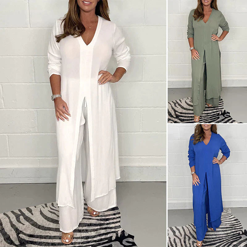 Relaxed fit women's two-piece casual suit. Ideal for comfortable lounge wear or versatile everyday outfit.