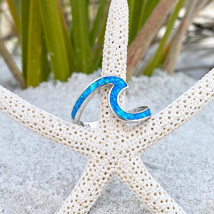 Women's Ocean Waves Opal & Silver Ring with elegant wave design, a unique ocean jewelry accessory.