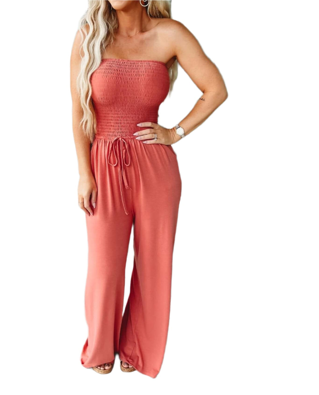Stylish women's off-shoulder wide-leg jumpsuit. Trendy summer fashion for elegant casual wear & vacations.