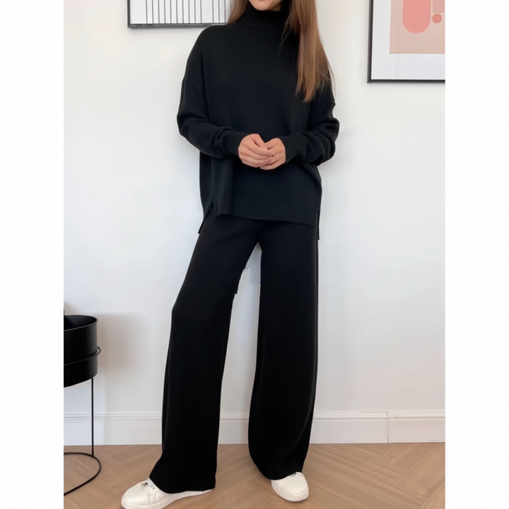Comfortable women's knit loungewear set in a neutral tone, including a chic turtleneck sweater and joggers