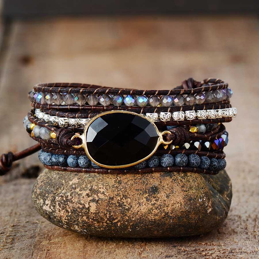 Boho style black onyx gemstone wrap bracelet for women, spiritual and protective jewelry