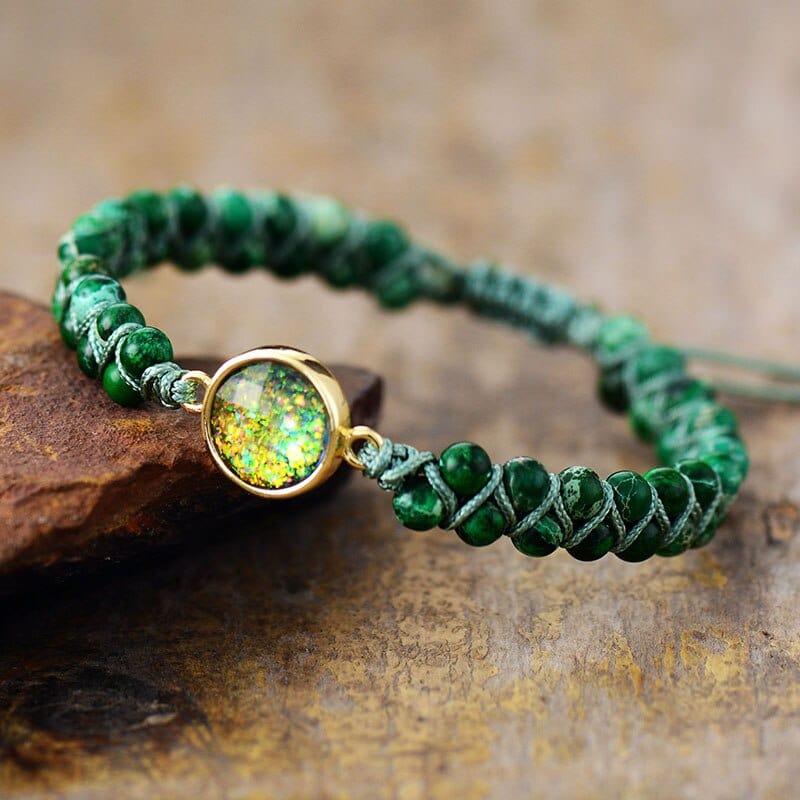 Women's Opal & Jasper gemstone bracelet, a boho natural stone design for energy balance and spiritual jewelry.