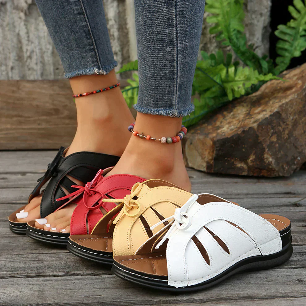 Women's knot design wedge sandals, orthopaedic for maximum arch support.