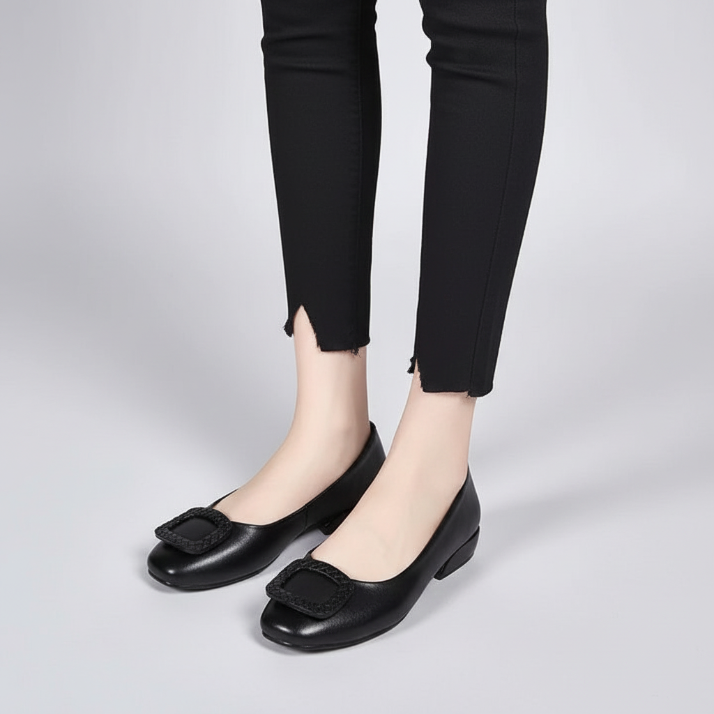 Stylish women's comfort flats, black leather, orthopedic, low heel, posture enhancing