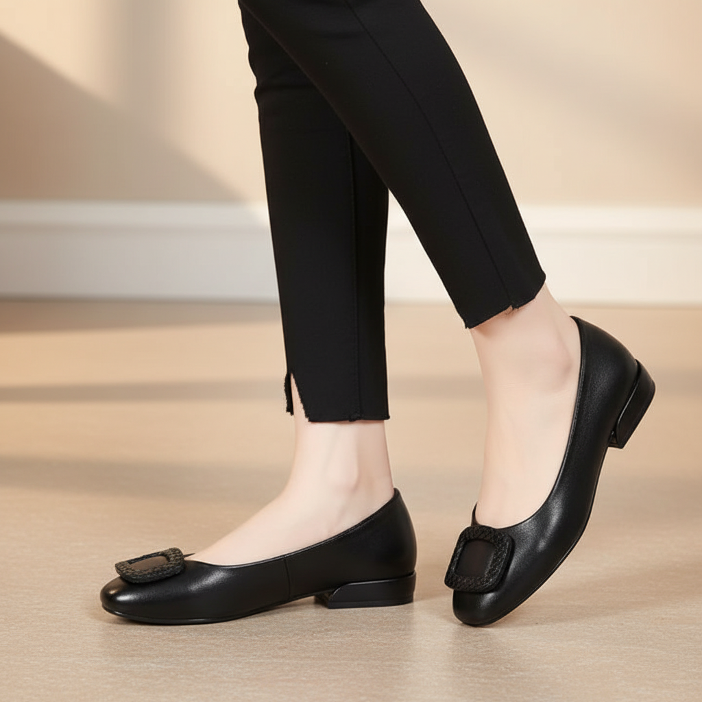 Women's orthopedic comfort flats in black leather with heel for posture support & foot pain relief, casual chic.