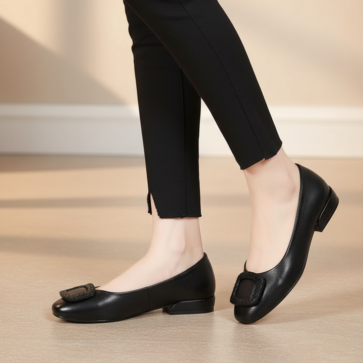 Women's orthopedic comfort flats in black leather with heel for posture support & foot pain relief, casual chic.