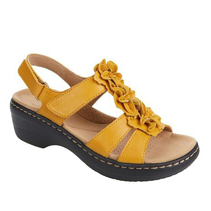 Orthopedic gladiator sandals for women, tan leather, colorful floral accents, ankle strap, open toe design
