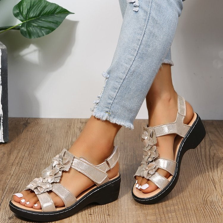Women's orthopedic gladiator wedge sandals, floral design, comfortable summer footwear