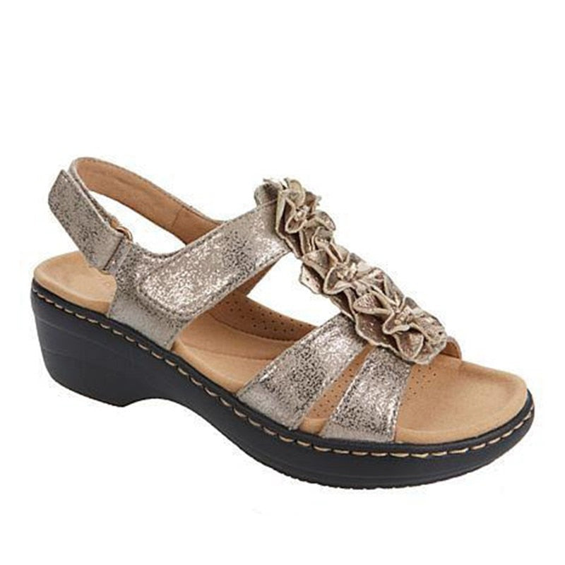 Orthopedic women's sandals, gladiator style, floral pattern, comfortable wedge heel