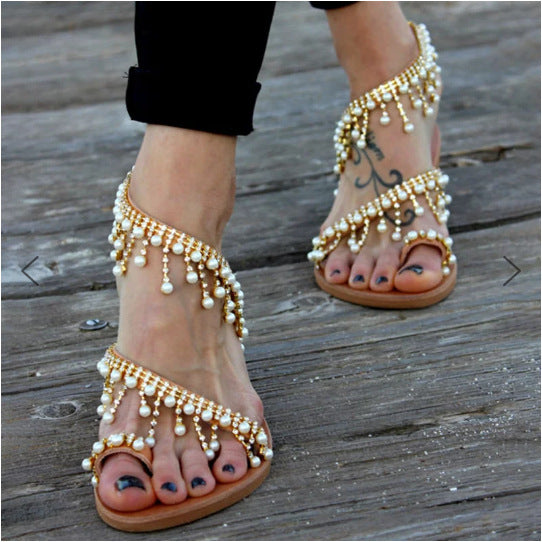 Amara women's orthopedic sandals with pearl accents. Comfortable, stylish, flat summer footwear.