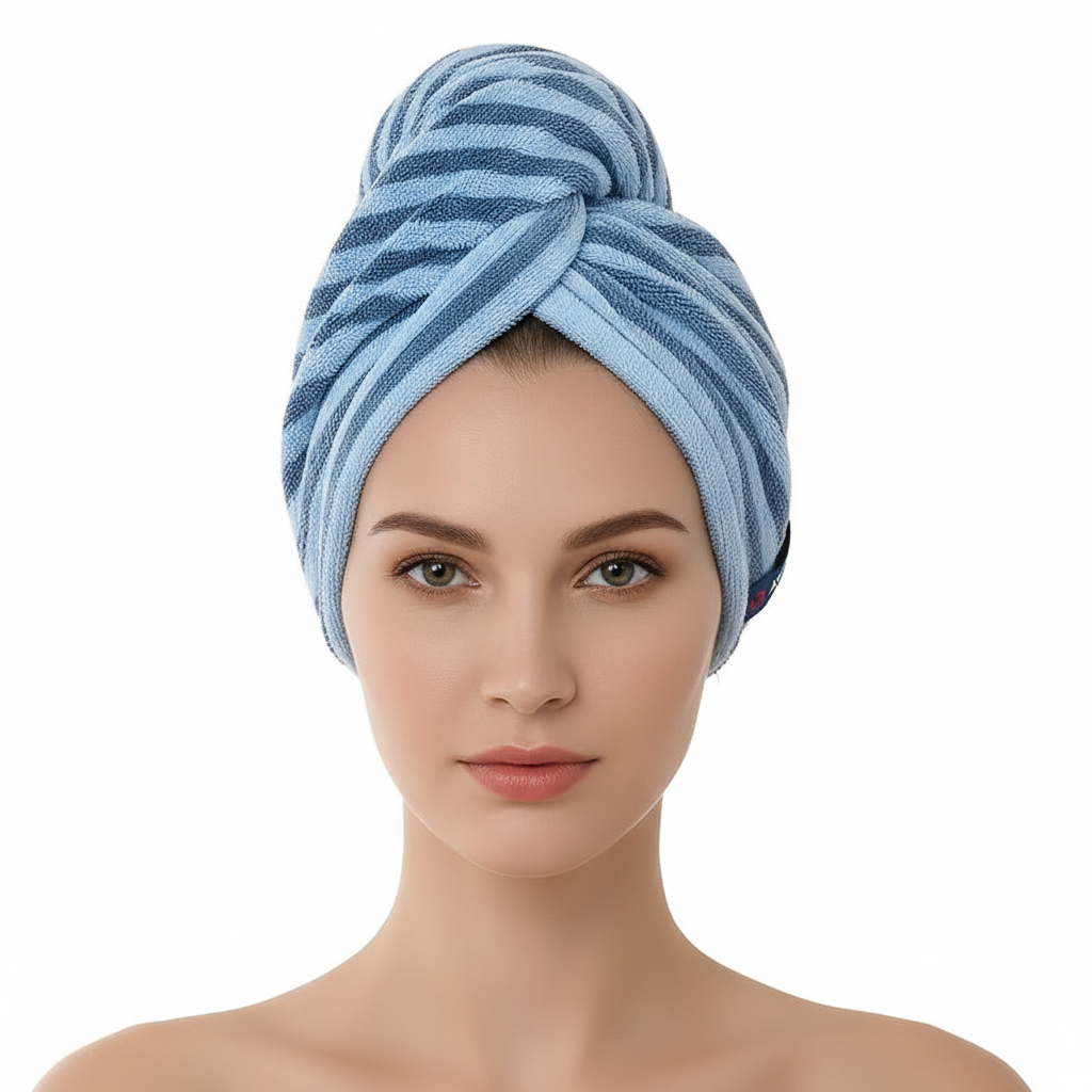 Polyester striped turban hair towel, oversize and absorbent, perfect for women's hair drying
