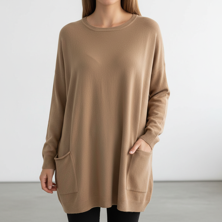 Front view of a women's oversized long sleeve sweater, showcasing its relaxed silhouette and Marlene cut.