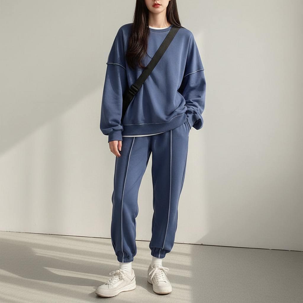 Model wearing a relaxed fit women's oversized lounge suit, ideal for casual comfort