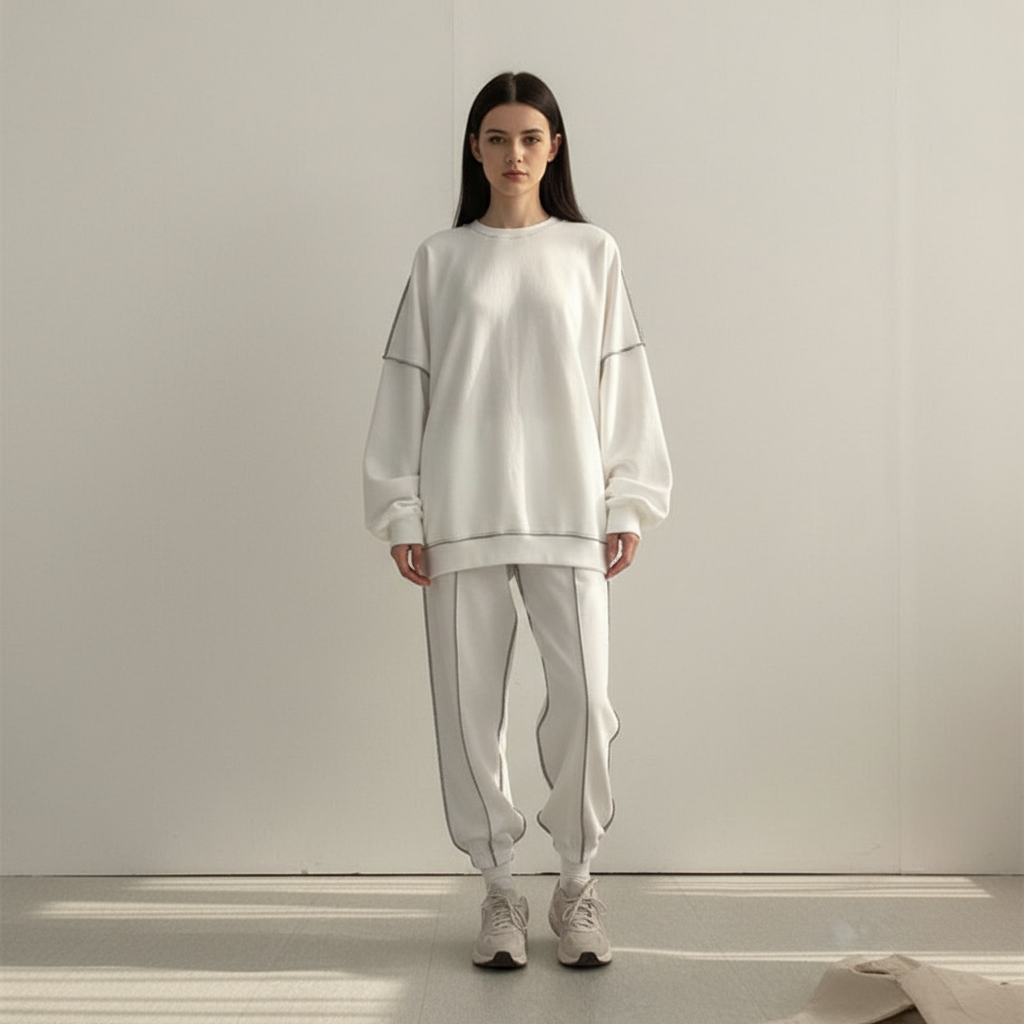Detail shot of the waistband on the women's oversized lounge suit pants, comfortable and casual