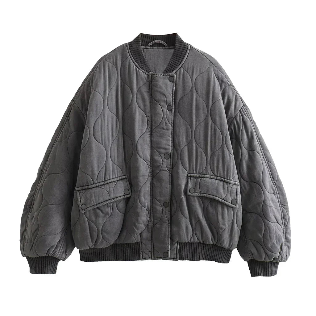 Loose fit women's gray bomber jacket, versatile casual outerwear for stylish everyday wear.