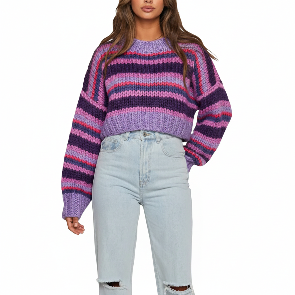 Casual long-sleeve oversized knit sweater for women, showcasing an attractive striped apparel design.