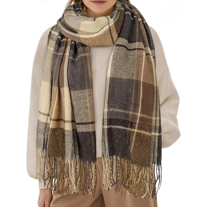 Cozy women's oversized plaid winter scarf, perfect for adding warmth and style to any outfit.