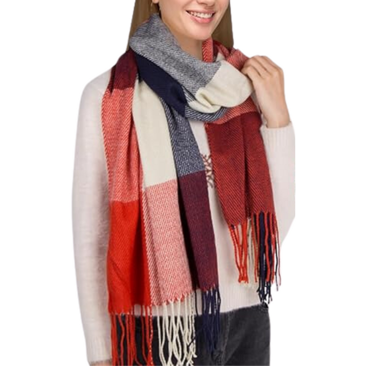 Women's winter fashion staple: a large, comfortable plaid scarf for ultimate coziness.