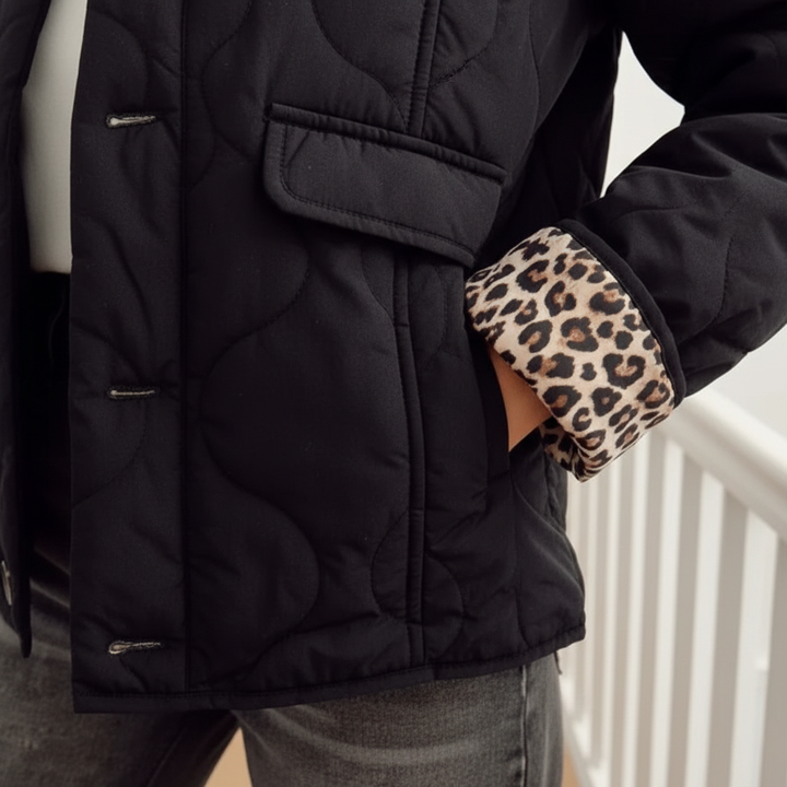 Ladies padded winter coat, Candace style, showcasing a chic leopard print lining for warmth.