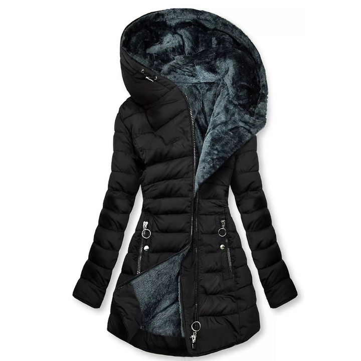 Women's padded waterproof winter coat. Stay warm and dry in this fashionable long jacket, ideal for cold weather.