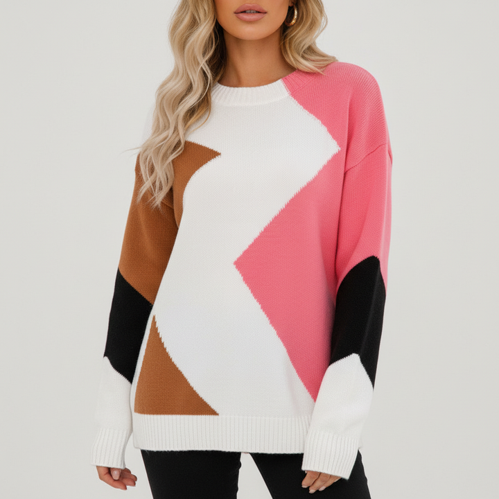 Autumn fashion women's patchwork knit pullover sweater, soft cotton blend, ideal for casual wear
