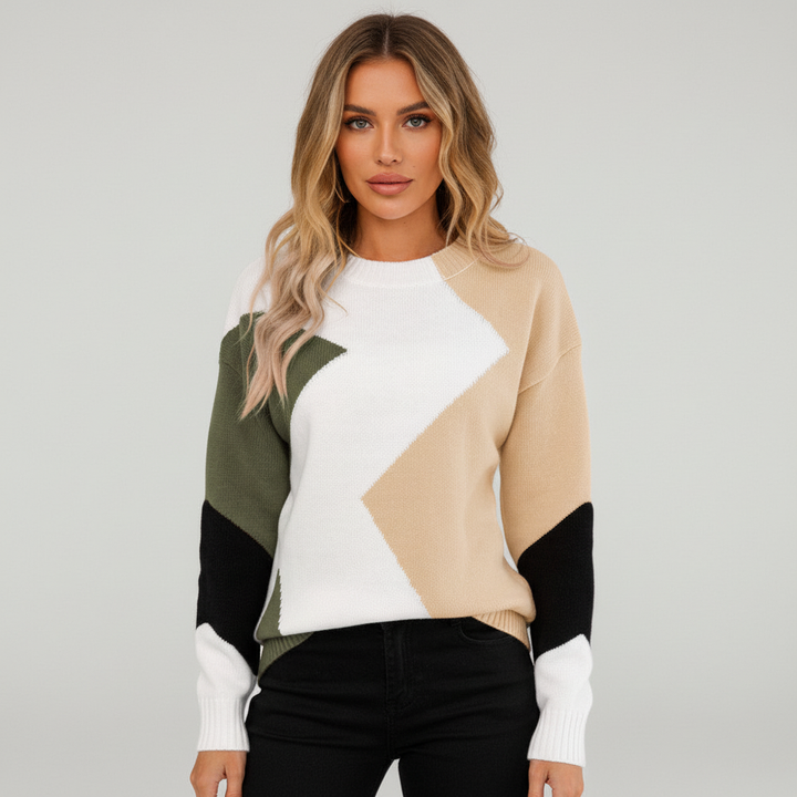 Model wearing a women's patchwork knit pullover sweater, highlighting its comfortable and casual style