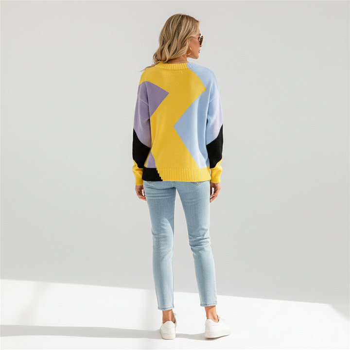 Women's crew neck patchwork knit pullover sweater, versatile and stylish for autumn and winter outfits