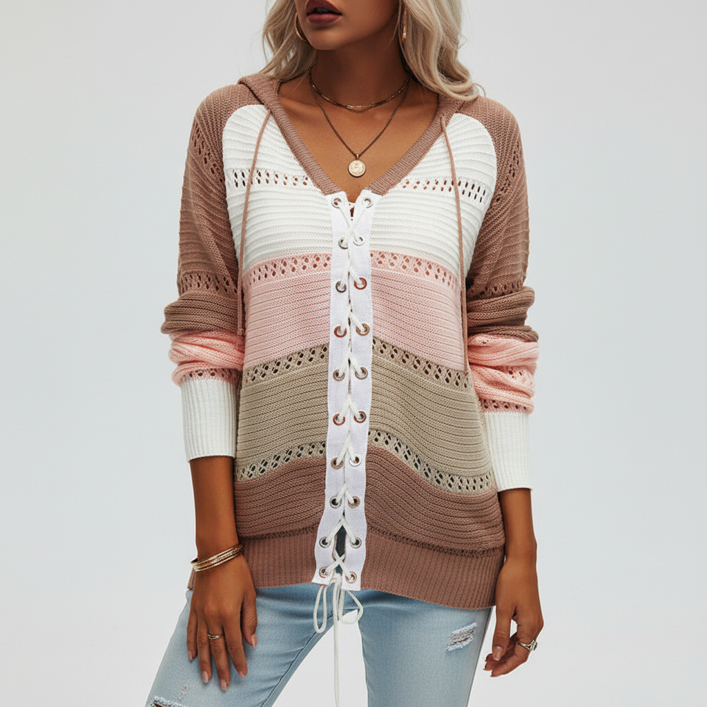 Women's casual autumn sweater, a long-sleeve pullover with striped patterns and lace-up front