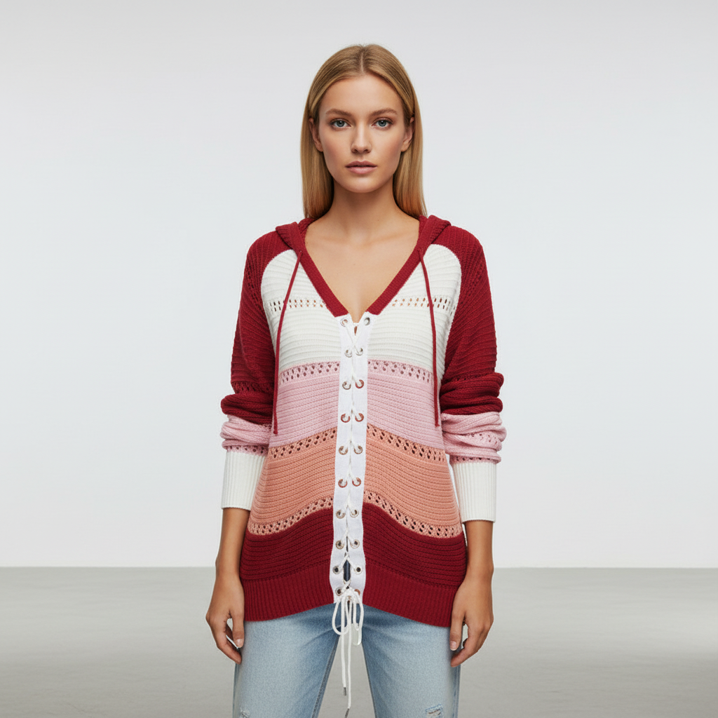 Comfortable women's striped and patchwork sweater, long sleeves and decorative lace-up detail