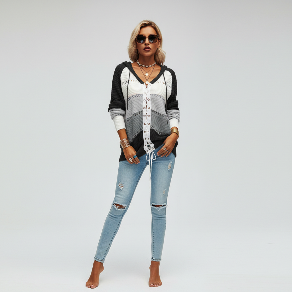 Autumn essential: women's striped patchwork long sleeve sweater with an adjustable lace-up front